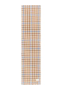 Écharpe à carreaux marron et beige avec des lignes bleues, fabriquée en tissu doux et dotée de bords frangés. Étiquette dans le coin inférieur.
