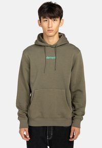 Felpa con cappuccio in tessuto verde oliva; presenta una tasca frontale, polsini a costine e un logo acquamarina sul petto. Tessuto morbido.