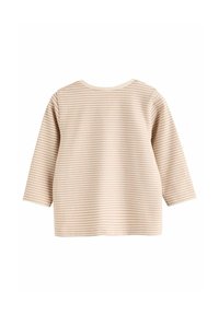 Beige langærmet top med lysebrune vandrette striber, der har rund halsudskæring og lige snit, lavet af blødt, struktureret stof.
