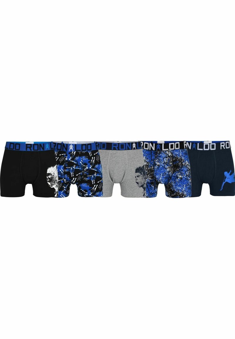 Fünf Paar Boxershorts in Schwarz, Grau und Blau. Verschiedene Designs umfassen abstrakte Muster und einen grafischen Druck. Der elastische Bund zeigt das Logo.