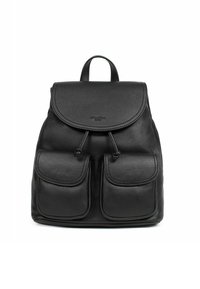 Zaino in pelle nera con patta arrotondata e due tasche frontali, dotato di manico superiore e spallacci regolabili, superficie texture.