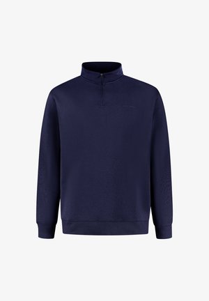 Marineblå sweatshirt med halvlukket krave, ribbede manchetter og kant. Glat stof med et diskret logo på brystet. Klassisk pullover design.