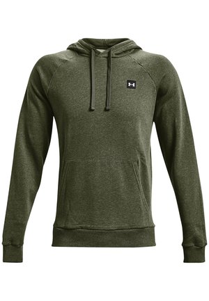 Dunkelgrüner Hoodie mit langen Ärmeln, vorderer Kängurutasche, Kordelzug, gerippten Bündchen und einem kleinen Under Armour-Logo auf der Brust.