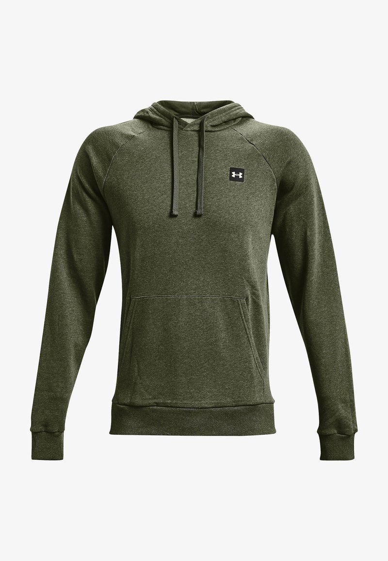 Sweat à capuche à manches longues vert foncé avec poche kangourou à l'avant, cordons de serrage, poignets côtelés et petit logo Under Armour sur la poitrine.
