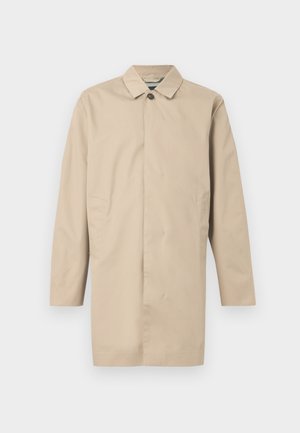 Béžový lehký kabát s rovný střih, zapínáním na jeden knoflíček a bočními kapsami. Vyrobený z hladké látky s minimalistickým designem.