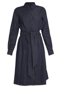 Jeansklänning med långa ärmar, knappframsidan och bälte i midjan. Funktioner en mörkblå färg, klassisk krage och sömdetaljer.