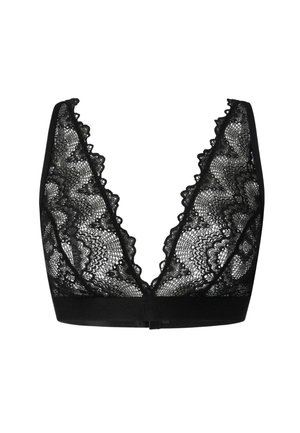 Black lace bralette with a deep V-neck, floral pattern, scalloped edges, and a solid black underband for support.
