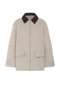 Beige vetoketjullinen takki, jossa on tummanruskea corduroy-kraava, kaksi läppätaskua painonappikiinnityksellä ja pitkät hihat.