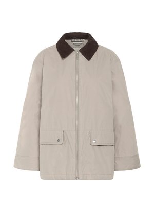 Beige zipová bunda s tmavě hnědým kordovým límcem, dvě náprsní kapsy se zapínáním na cvoky a dlouhými rukávy.
