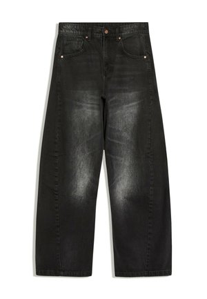 Jean noir à jambes larges avec des zones décolorées sur le devant des cuisses, poches avant, passants de ceinture et fermeture à bouton à la taille.