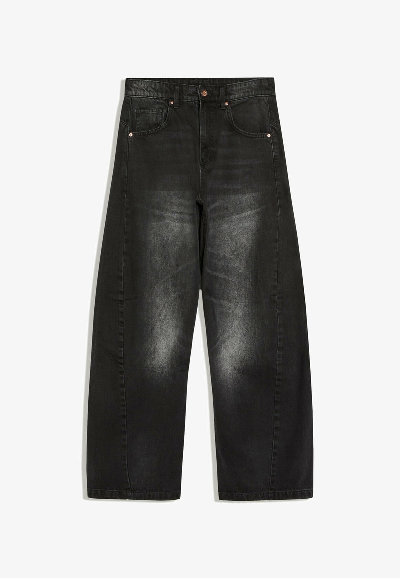 Jean noir à jambes larges avec des zones décolorées sur le devant des cuisses, poches avant, passants de ceinture et fermeture à bouton à la taille.
