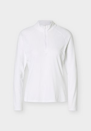 Fehér, hosszú ujjú sportfelső magas gallérral és elöl fél cipzáros záródással, karcsúsított szabással, aktív viseletre tervezve.