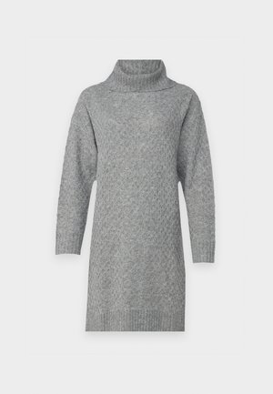 Hallitatud hall kootud kõrge kaelusega kleit, millel on kolmveerandiga varrukad, tekstuuriga teemantmuster ning soonikkoes mansetid ja ääred.