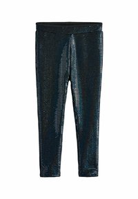 Zwarte leggings met een glanzende afwerking en een studs patroon die licht weerkaatsen, wat een gestructureerd visueel effect creëert.