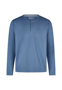 Langsleeve, henley-stijl shirt in een middelblauwe kleur, met een ronde halslijn, een placket met drie knopen en een gladde katoenstructuur.