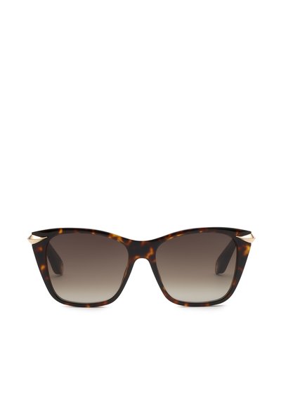 Lunettes de soleil avec verres dégradés foncés et monture carrée écaille avec petits accents dorés sur les branches.