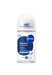 Roll-on deodorant with a white dome cap, transparent body, and blue label. Features "DERMA Control" and "Pures Hyaluron + Pro-Vitamin B5."