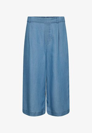 Light blue wide-leg denim culottes with a high waist and no visible fastenings or pockets, shown on a white background.
