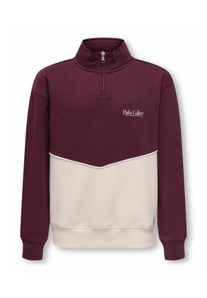 Pull quart-zippé bordeaux et beige avec le texte "Parks Gallery" sur la poitrine, poignets côtelés et col montant.