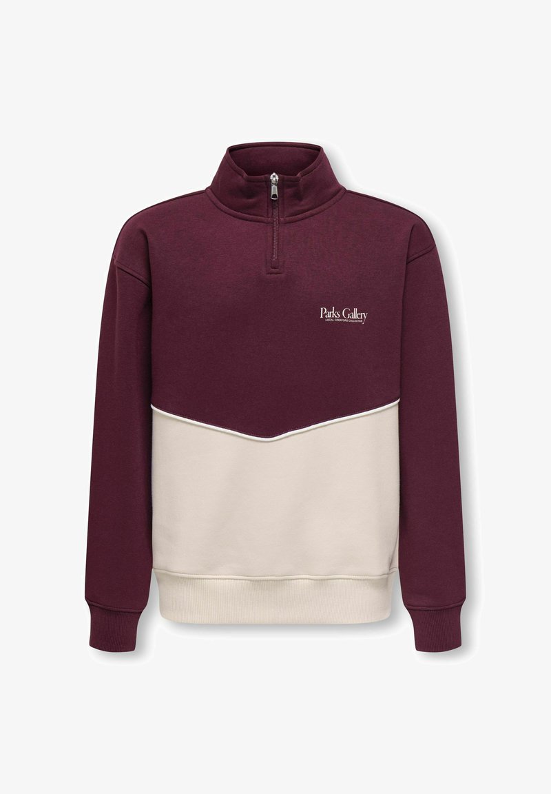 Pull quart-zippé bordeaux et beige avec le texte "Parks Gallery" sur la poitrine, poignets côtelés et col montant.