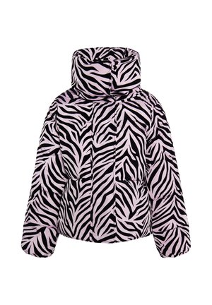 Giubbotto imbottito con strisce zebra rosa e nere, colletto alto, maniche lunghe, design trapuntato e tasche anteriori. Tessuto morbido e testurizzato.