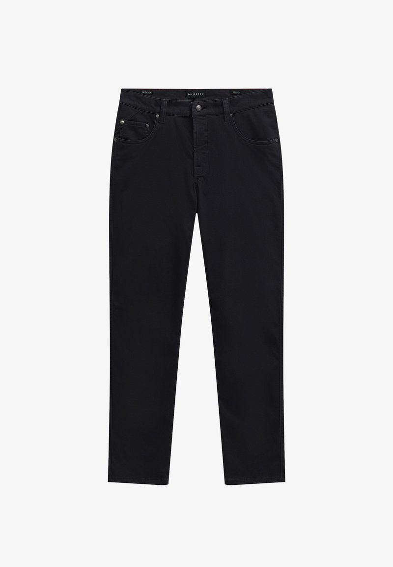 Black denim trousers with a straight-leg cut, featuring a zip fly, five pockets, and silver-tone hardware. Smooth texture with minimal detailing.