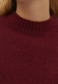Burgundy knit sweater with a high ribbed neckline, textured fabric, and a snug fit. The color is deep and rich, emphasizing warmth.