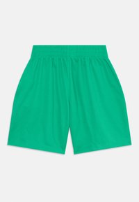 Bermudas deportivas verdes hechas de un tejido ligero y transpirable, con una cintura elástica y una superficie lisa y texturizada.