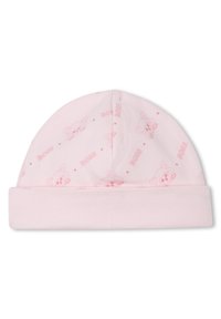 Bonnet en coton rose pour bébé avec un revers, présentant un motif répété de personnages de dessin animé et le mot "BOSS" en rose clair.