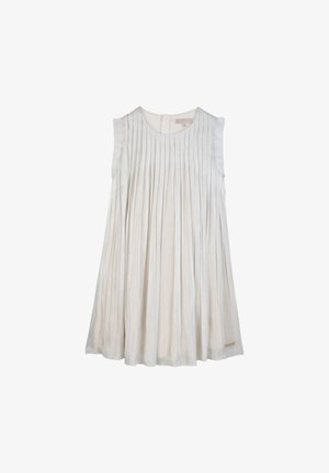Mouwloze lichtcrèmekleurige jurk met verticale plooien, een ronde halslijn en een zachte textuur. Voorzien van een subtiel merkembleem aan de zoom.
