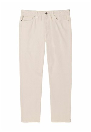Beige Baumwollhosen mit geradem Schnitt, ausgestattet mit zwei Vordertaschen, einer einzelnen Gesäßtasche und einem Knopfverschluss.