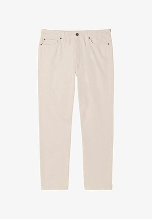 Beige Baumwollhosen mit geradem Schnitt, ausgestattet mit zwei Vordertaschen, einer einzelnen Gesäßtasche und einem Knopfverschluss.