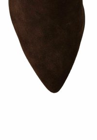 Bruine suede pump met spitse neus en een gladde textuur, met een slanke silhoeet en een taps toelopend ontwerp, tegen een witte achtergrond.