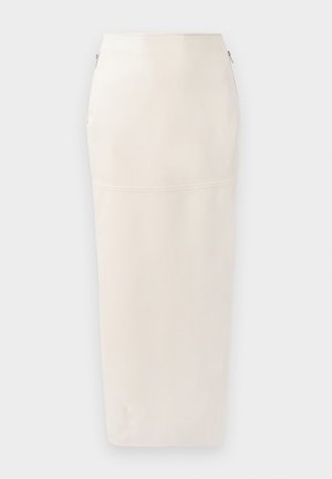 Cream midi skirt with a fitted silhouette, crafted from smooth fabric, featuring a hidden zipper on the side and minimalist seam detailing.