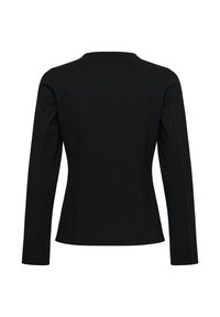 Vue de dos d'un blazer noir ajusté à manches longues avec des détails de coutures le long des côtés et des manches, sur fond blanc.