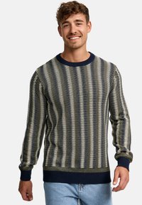 Pull rayé bleu marine et crème avec des bords côtelés aux poignets et à l'ourlet. Texture tricotée douce, design à col rond et coupe décontractée. Convient pour une tenue décontractée.