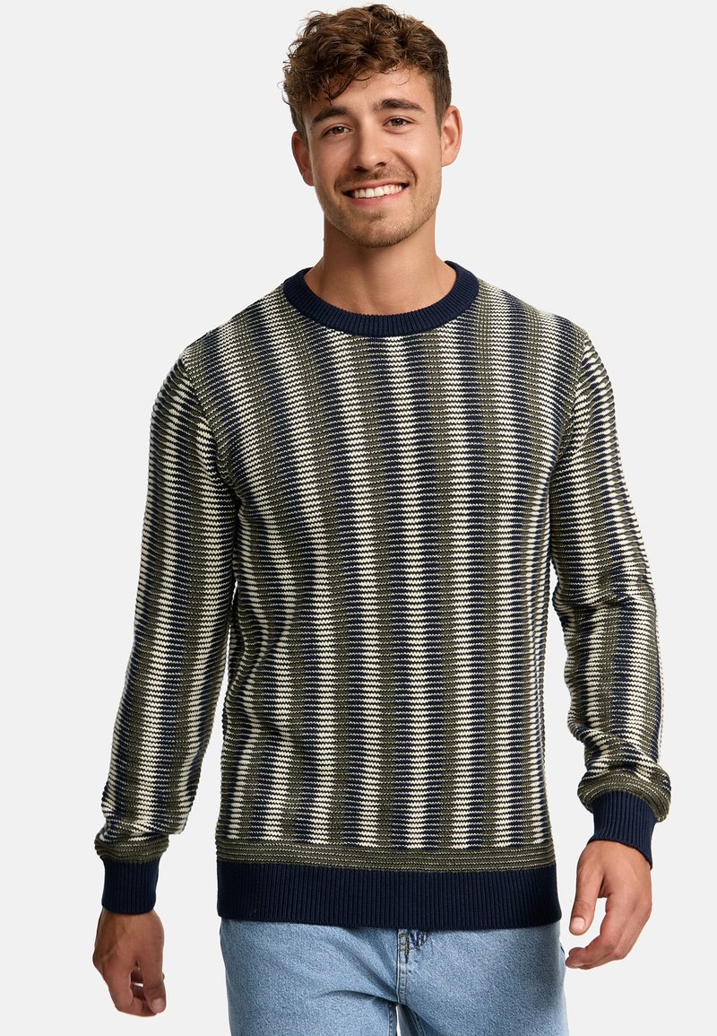 Marineblå og cremefarvet stribet sweater med ribbede mansjetter og kant. Blødt strikket tekstur, rund hals-design og afslappet pasform. Velegnet til afslappet brug.