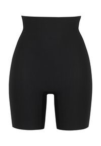 Höga svarta shapewear-shorts med ett mjukt, elastiskt material och en längd till mitten av låret, med en utskärning framtill.