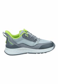 Szare buty sportowe z siateczkowym wierzchem, limonkowymi akcentami, wyściółką kołnierza, grubą białą podeszwą oraz teksturowaną gumową podeszwą dla lepszej przyczepności.
