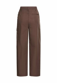 Brown wide-leg pants with an elastic waistband and a side cargo pocket on the left leg.