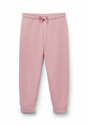 Pantalones jogger de algodón rosa claro con cintura elástica y cordón, piernas cónicas y puños acanalados en los tobillos.