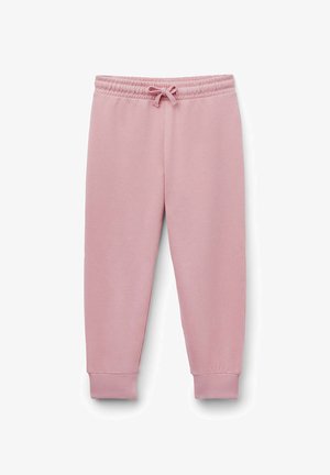 Pantalones jogger de algodón rosa claro con cintura elástica y cordón, piernas cónicas y puños acanalados en los tobillos.