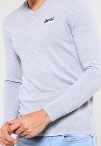 Szary sweter z mieszanki bawełny i wiskozy z długimi rękawami i dekoltem w serek, z małym czarnym logo na piersi. Tkanina dzianinowa o fakturze.