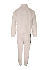 Witte sportieve trainingsbroek met een hoge kraag, elastische mouwen en een elastische tailleband, met een effen zwarte accent langs de zijkant en geperforeerde branding op de achterkant.