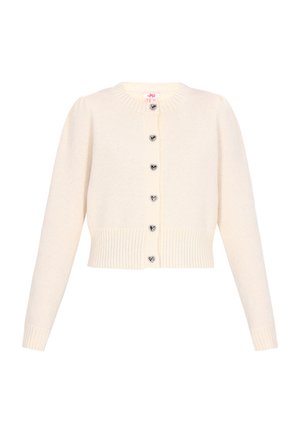 Romantische cardigan gemaakt van zacht materiaal, met lange mouwen, geribbelde zoom en hartvormige zilveren knopen langs de voorkant. Korte pasvorm.