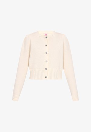 Romantische cardigan gemaakt van zacht materiaal, met lange mouwen, geribbelde zoom en hartvormige zilveren knopen langs de voorkant. Korte pasvorm.