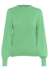 Pull à manches longues vert clair avec col rond, poignets et ourlet côtelés, présentant des manches légèrement bouffantes.