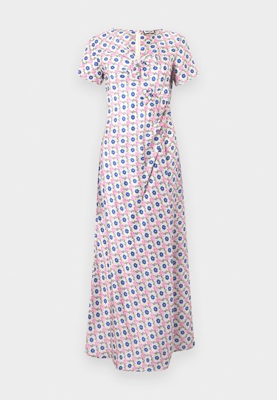 Floral maxi dress with short sleeves, featuring a pink, blue, and white pattern, a fitted waist, and a ruffle accent along the front.