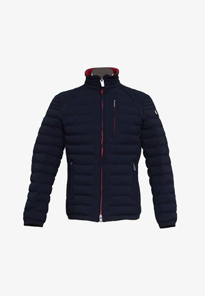 Marineblaue gepolsterte Jacke mit hohem Kragen, vorderem Reißverschluss und roten Reißverschlussdetails. Verfügt über seitliche Taschen und ein gestepptes Design für Isolation.