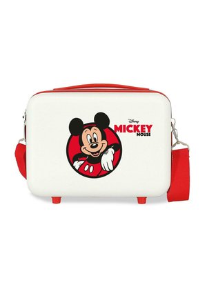 Bolso rectangular blanco con asa y correa rojas, con ilustración sonriente de Mickey Mouse y texto rojo "MICKEY MOUSE" en el panel frontal.